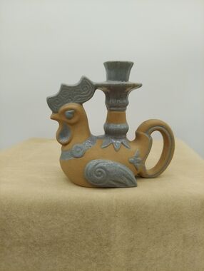 Ceramic Rooster Taper Candle Holder Folk Art Stoneware Tan & Blue